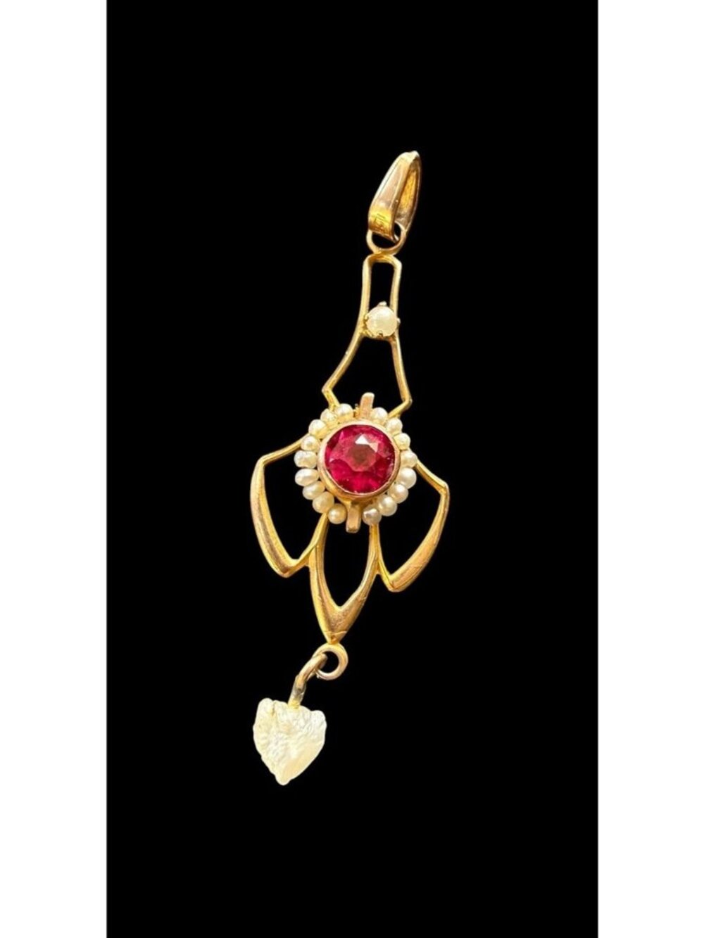 Antique 10K Gold Art Nouveau Lavalier Pendant Seed Pearl Pink Gemstone Dangle